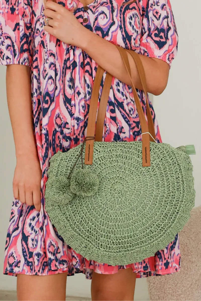 Isabella Boho Burano Straw Green Beach Bag