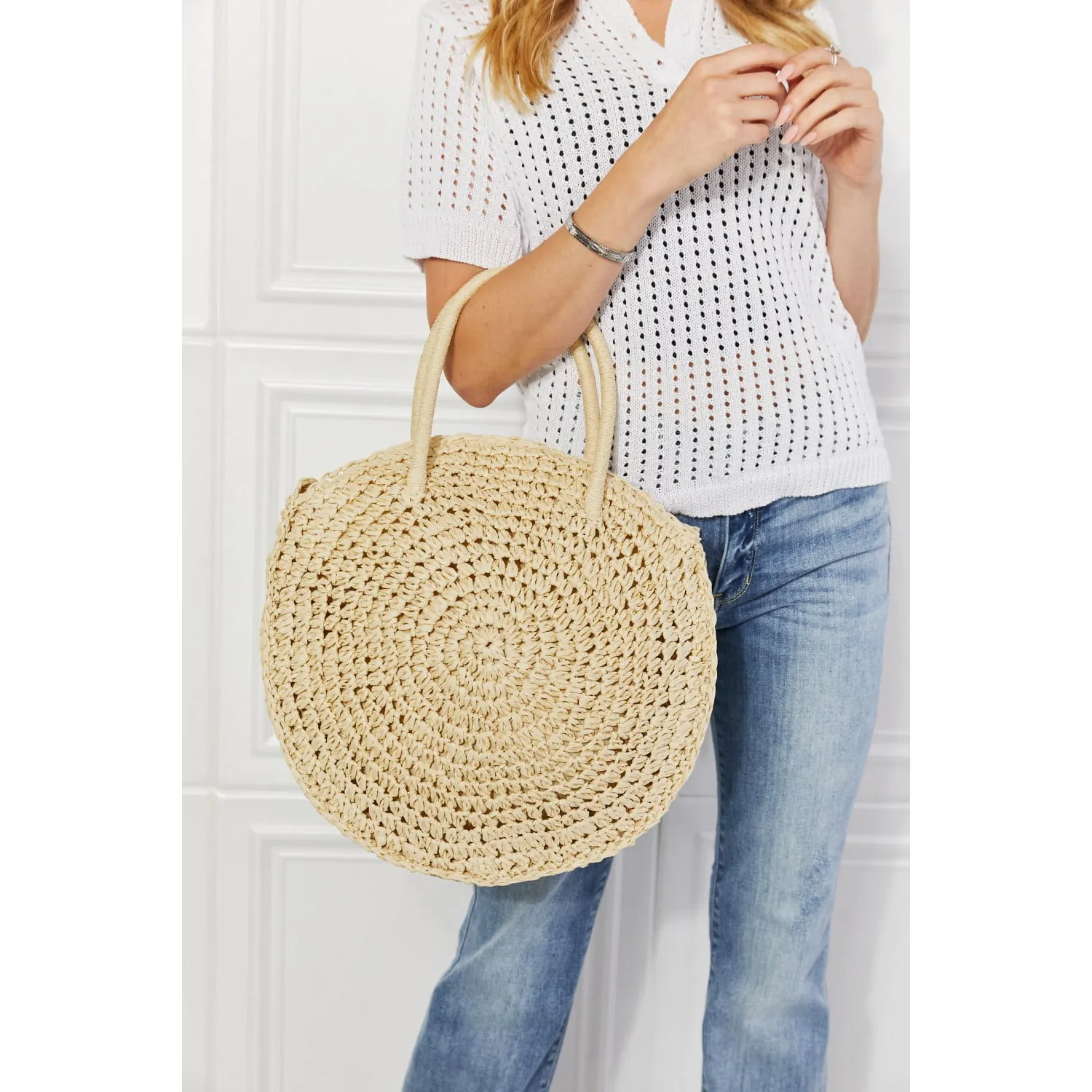 Justin Taylor Beach Date Straw Rattan Handbag in Ivory