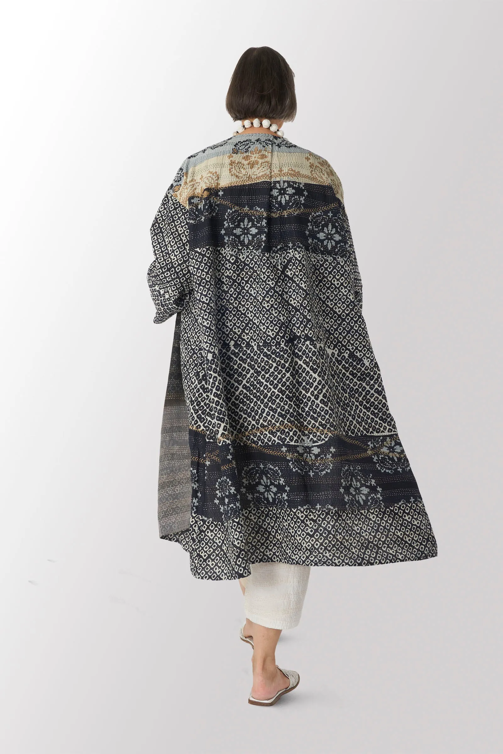 KIMONO COTTON KANTHA LONG DUSTER - kc2328-blk -