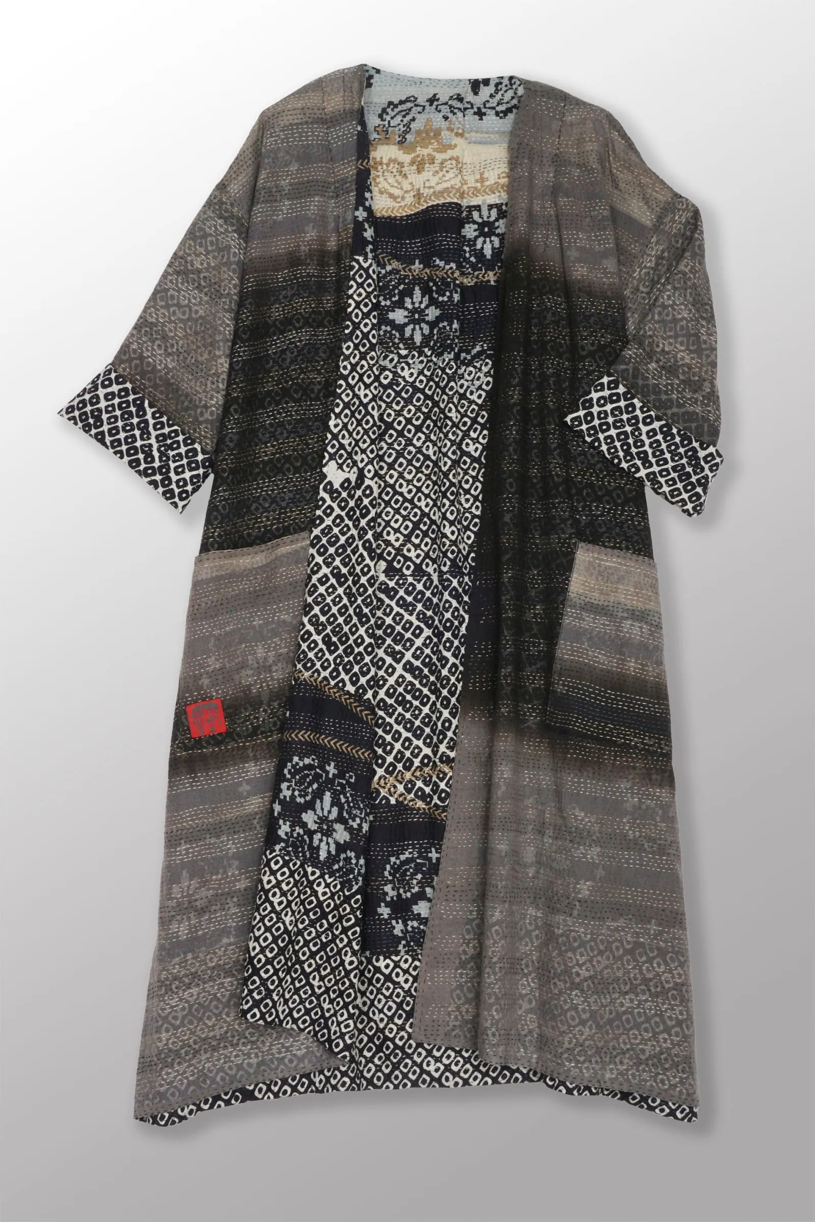 KIMONO COTTON KANTHA LONG DUSTER - kc2328-blk -