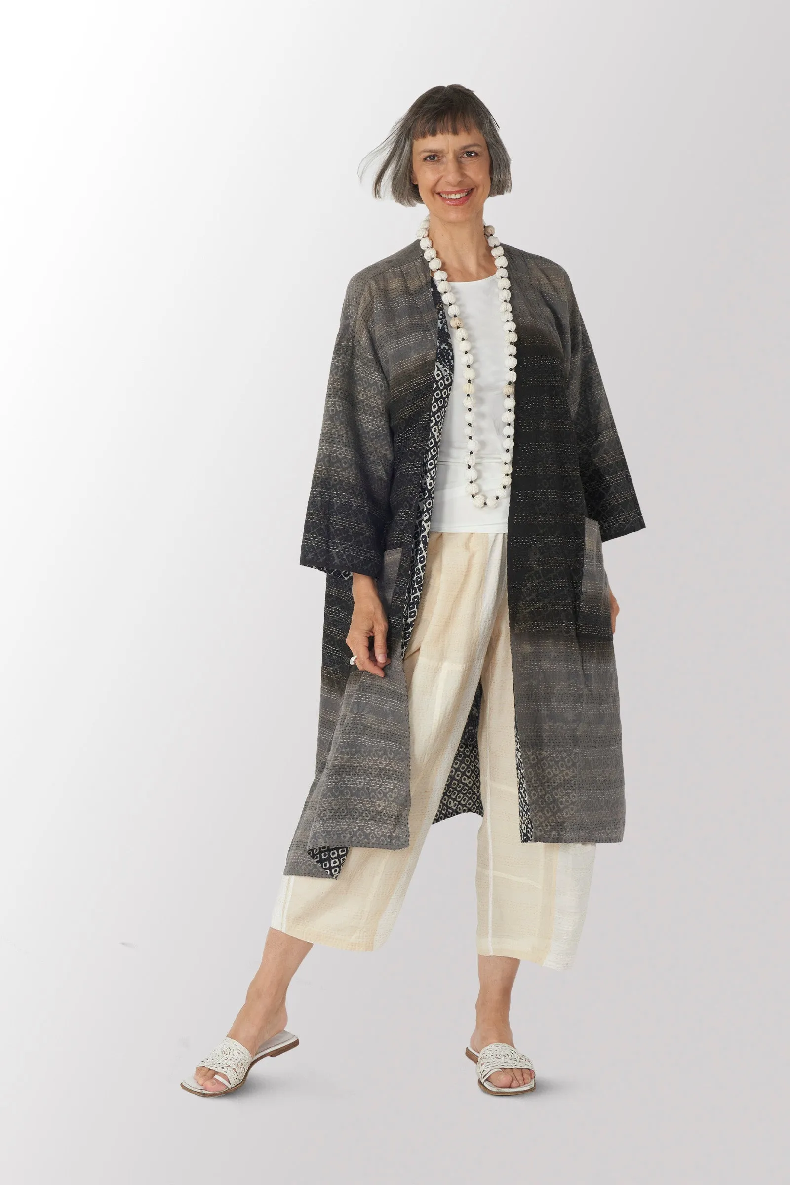 KIMONO COTTON KANTHA LONG DUSTER - kc2328-blk -