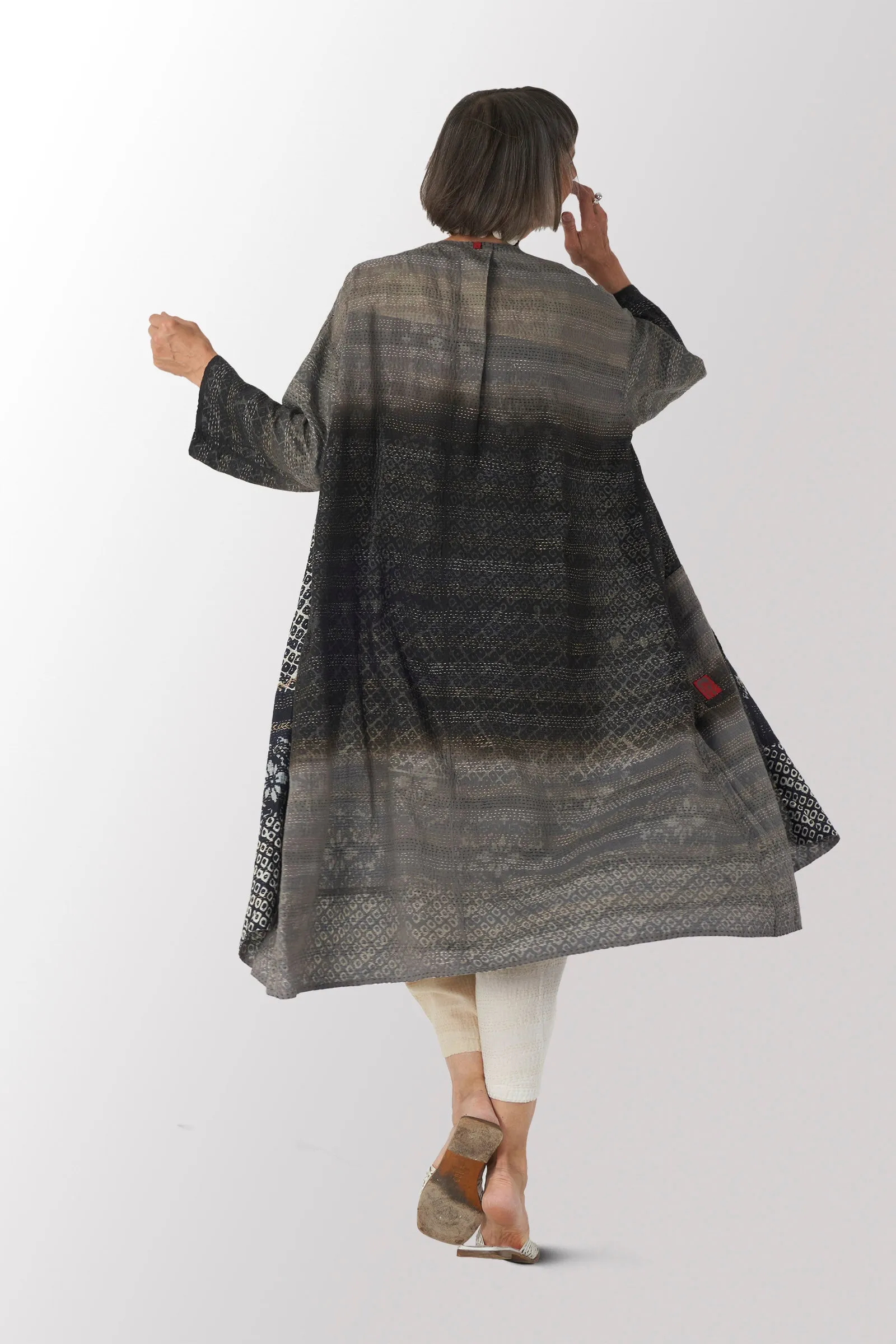 KIMONO COTTON KANTHA LONG DUSTER - kc2328-blk -