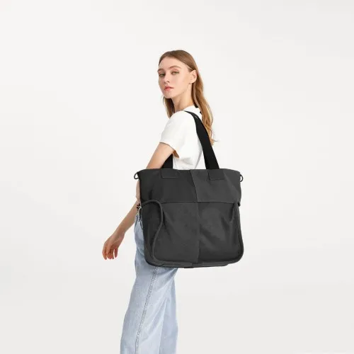 Kono Paneled Contrast Large Capacity Canvas Shoulder Bag - Black | EH2221 Stylish & Durable