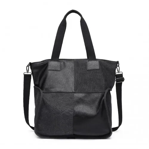 Kono Paneled Contrast Large Capacity Canvas Shoulder Bag - Black | EH2221 Stylish & Durable