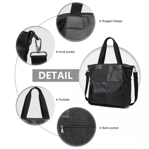 Kono Paneled Contrast Large Capacity Canvas Shoulder Bag - Black | EH2221 Stylish & Durable