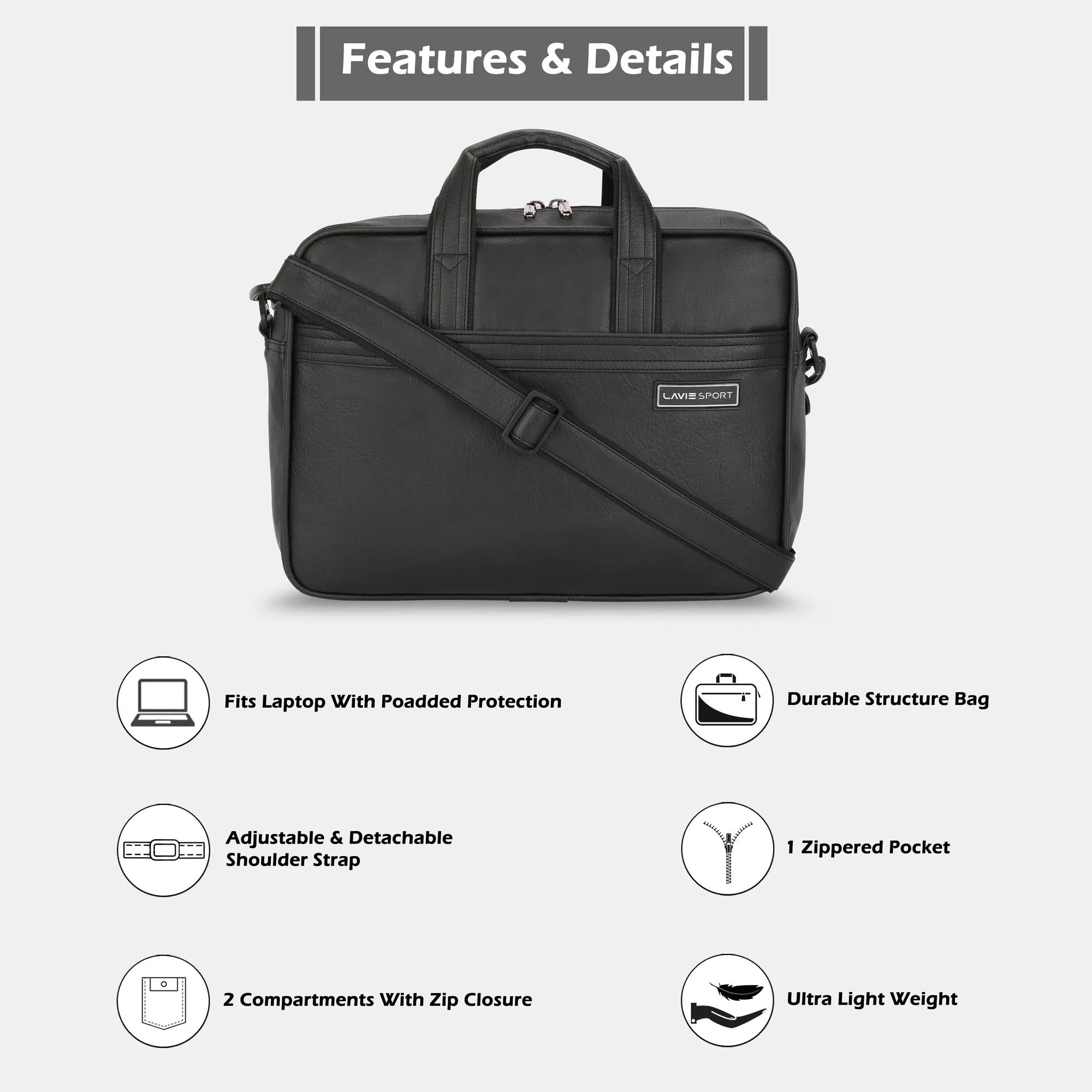 Lavie Sport 1 Compartment Director Unisex Laptop briefcase Bag Black