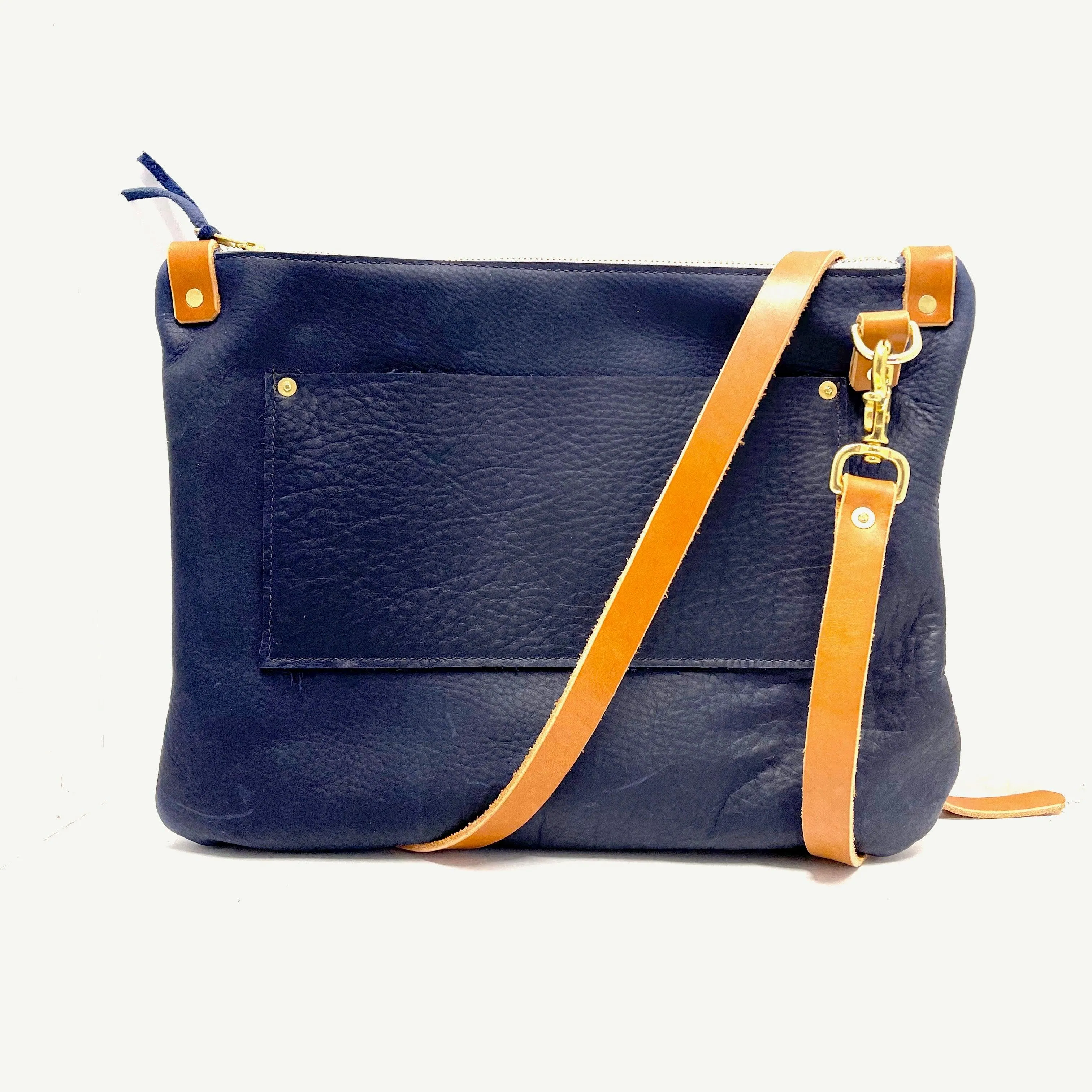 Leather Messenger Bag in Navy