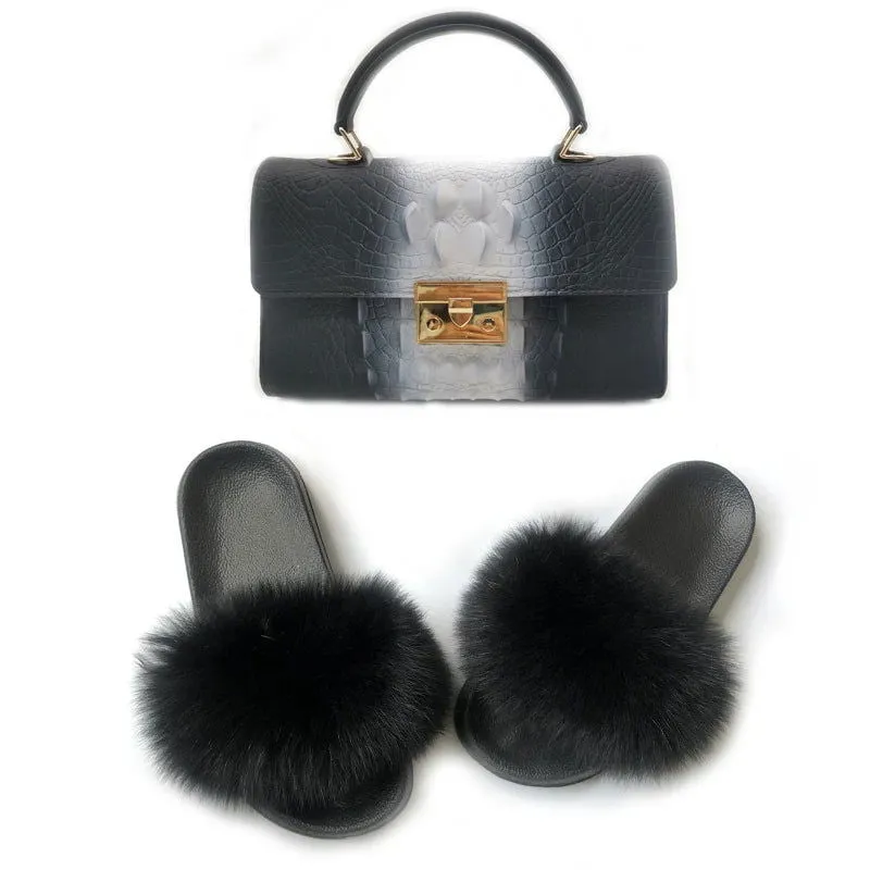 LovelyRLovely Women Casual Plush Fur Slippers With Handbag