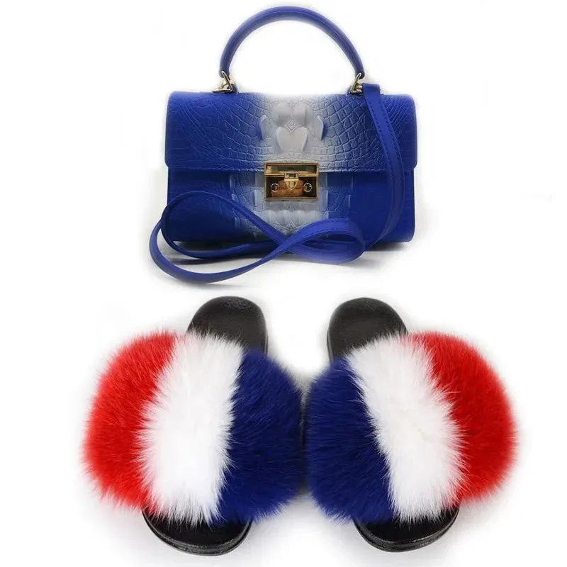 LovelyRLovely Women Casual Plush Fur Slippers With Handbag