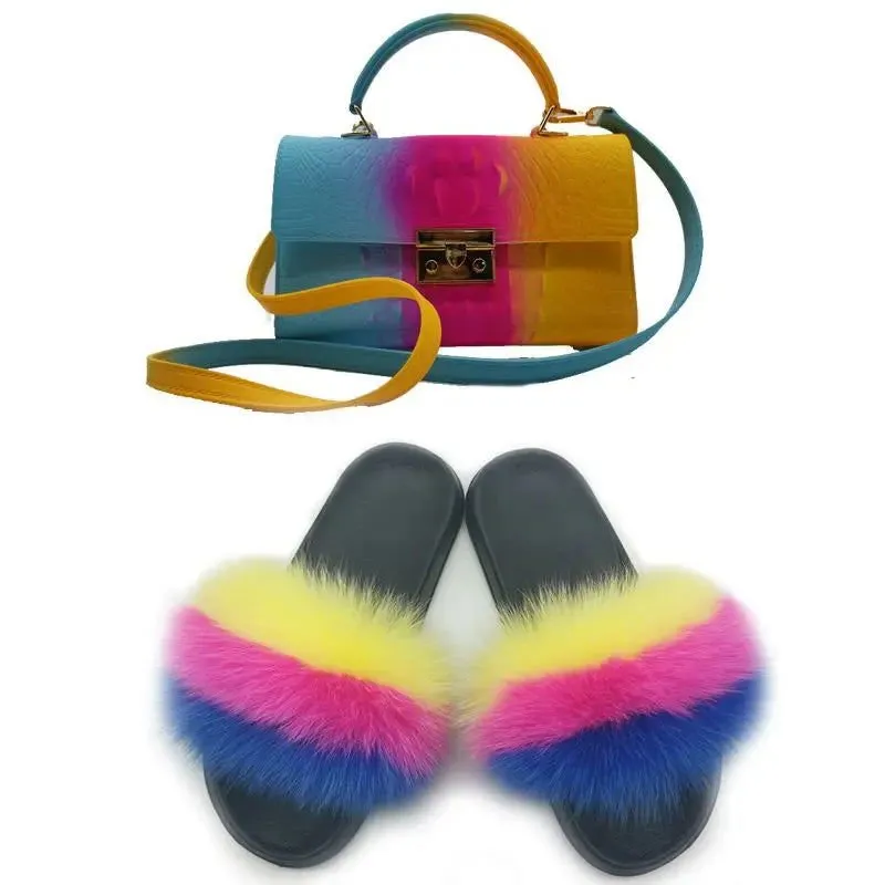 LovelyRLovely Women Casual Plush Fur Slippers With Handbag