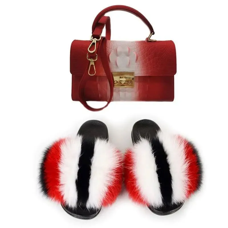 LovelyRLovely Women Casual Plush Fur Slippers With Handbag