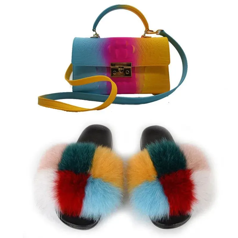 LovelyRLovely Women Casual Plush Fur Slippers With Handbag