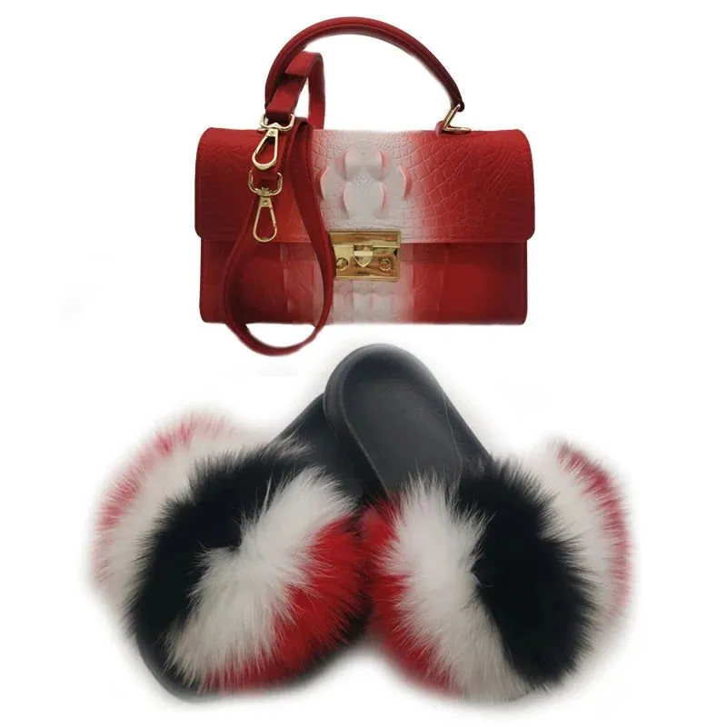 LovelyRLovely Women Casual Plush Fur Slippers With Handbag