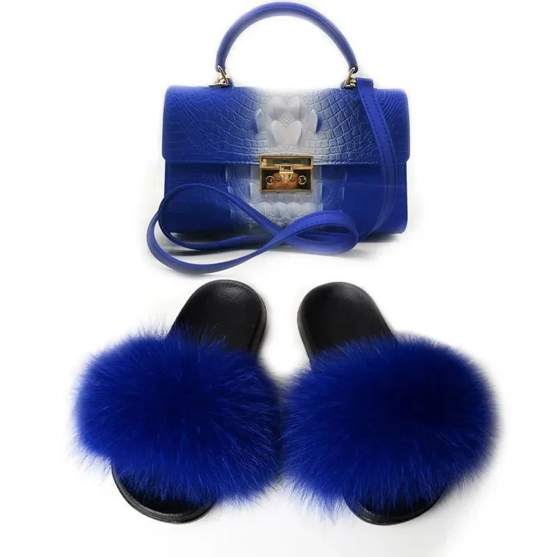 LovelyRLovely Women Casual Plush Fur Slippers With Handbag