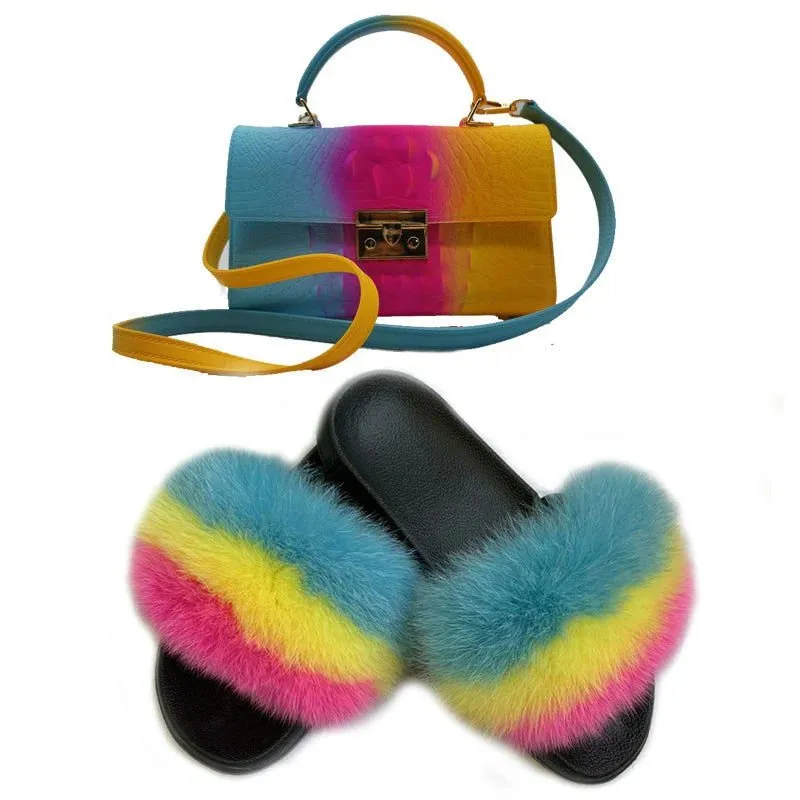 LovelyRLovely Women Casual Plush Fur Slippers With Handbag