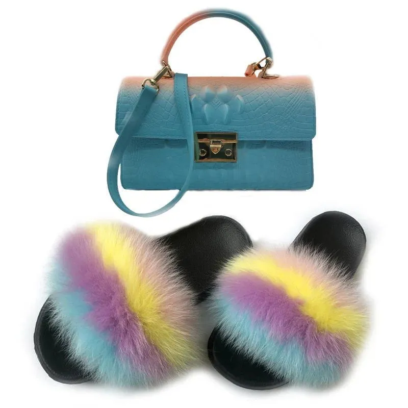 LovelyRLovely Women Casual Plush Fur Slippers With Handbag