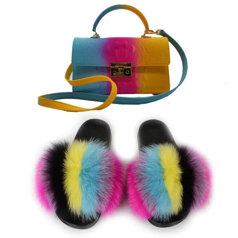 LovelyRLovely Women Casual Plush Fur Slippers With Handbag