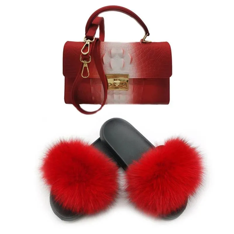 LovelyRLovely Women Casual Plush Fur Slippers With Handbag