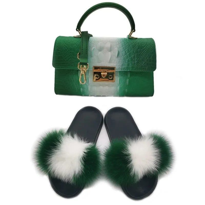 LovelyRLovely Women Casual Plush Fur Slippers With Handbag