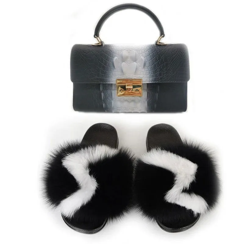 LovelyRLovely Women Casual Plush Fur Slippers With Handbag