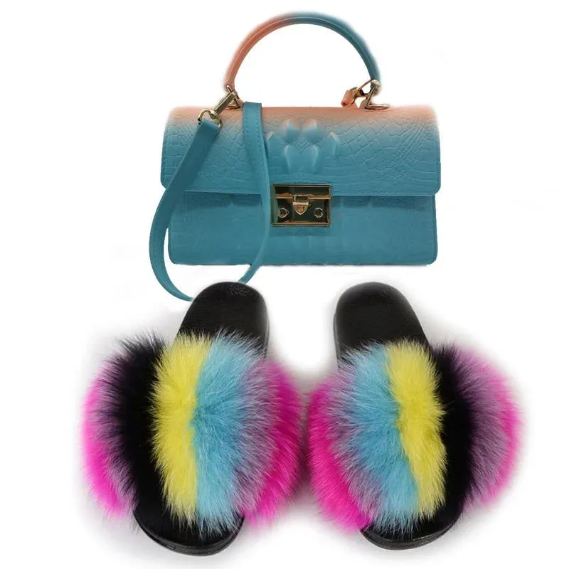 LovelyRLovely Women Casual Plush Fur Slippers With Handbag