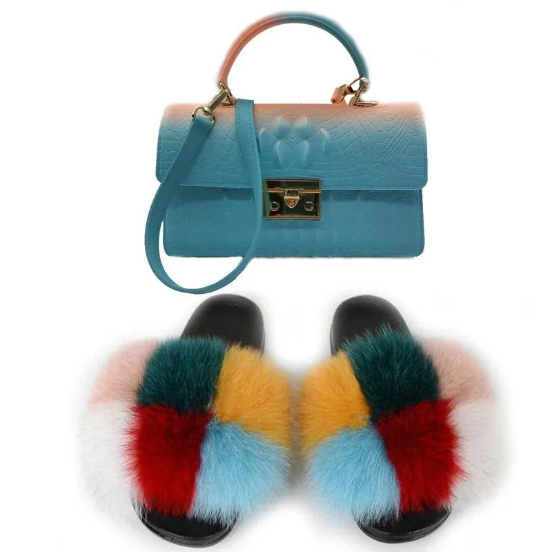 LovelyRLovely Women Casual Plush Fur Slippers With Handbag