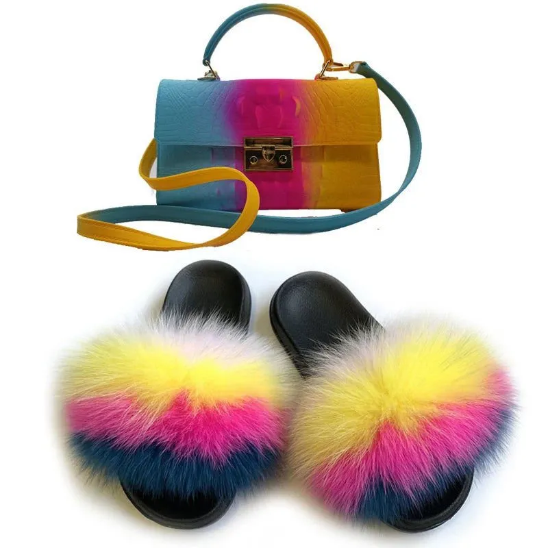 LovelyRLovely Women Casual Plush Fur Slippers With Handbag