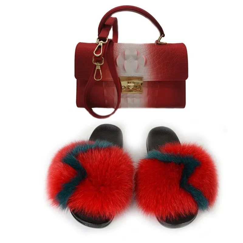 LovelyRLovely Women Casual Plush Fur Slippers With Handbag