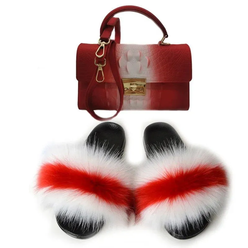 LovelyRLovely Women Casual Plush Fur Slippers With Handbag