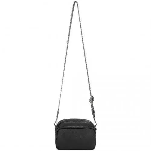 Miss Lulu Genuine Leather Crossbody Shoulder Bag with Jacquard Woven Strap - Black