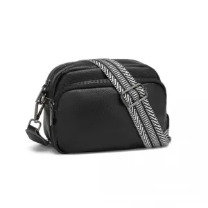 Miss Lulu Genuine Leather Crossbody Shoulder Bag with Jacquard Woven Strap - Black