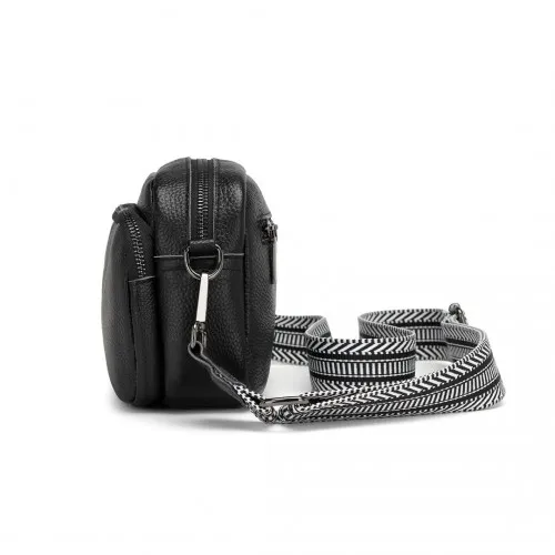 Miss Lulu Genuine Leather Crossbody Shoulder Bag with Jacquard Woven Strap - Black