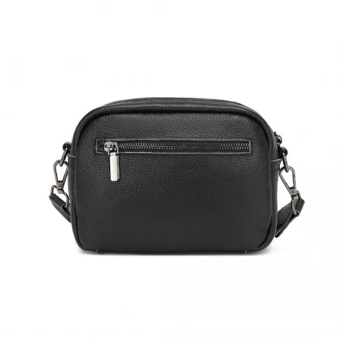 Miss Lulu Genuine Leather Crossbody Shoulder Bag with Jacquard Woven Strap - Black