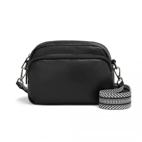 Miss Lulu Genuine Leather Crossbody Shoulder Bag with Jacquard Woven Strap - Black