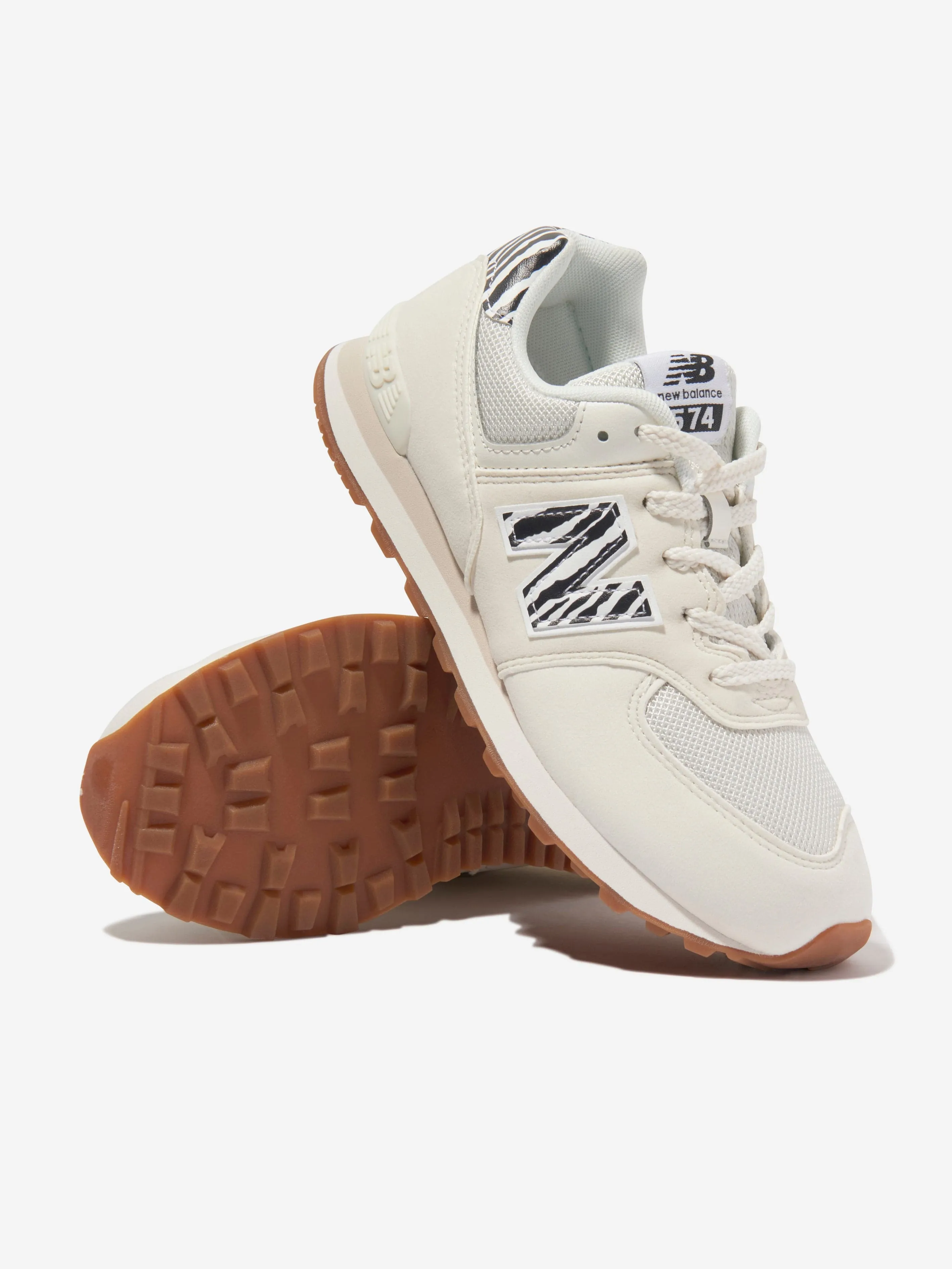 New Balance Girls 574 Animal Print Lace Up Trainers in Ivory