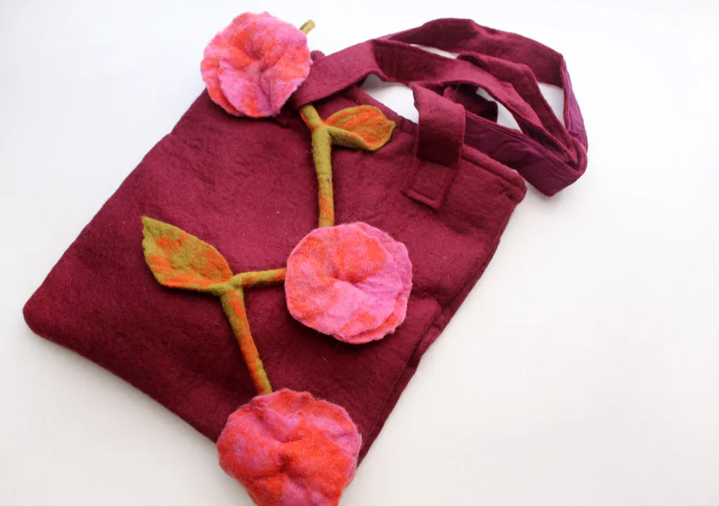 Pink Flower Adorned Pink Felt Tote Bag