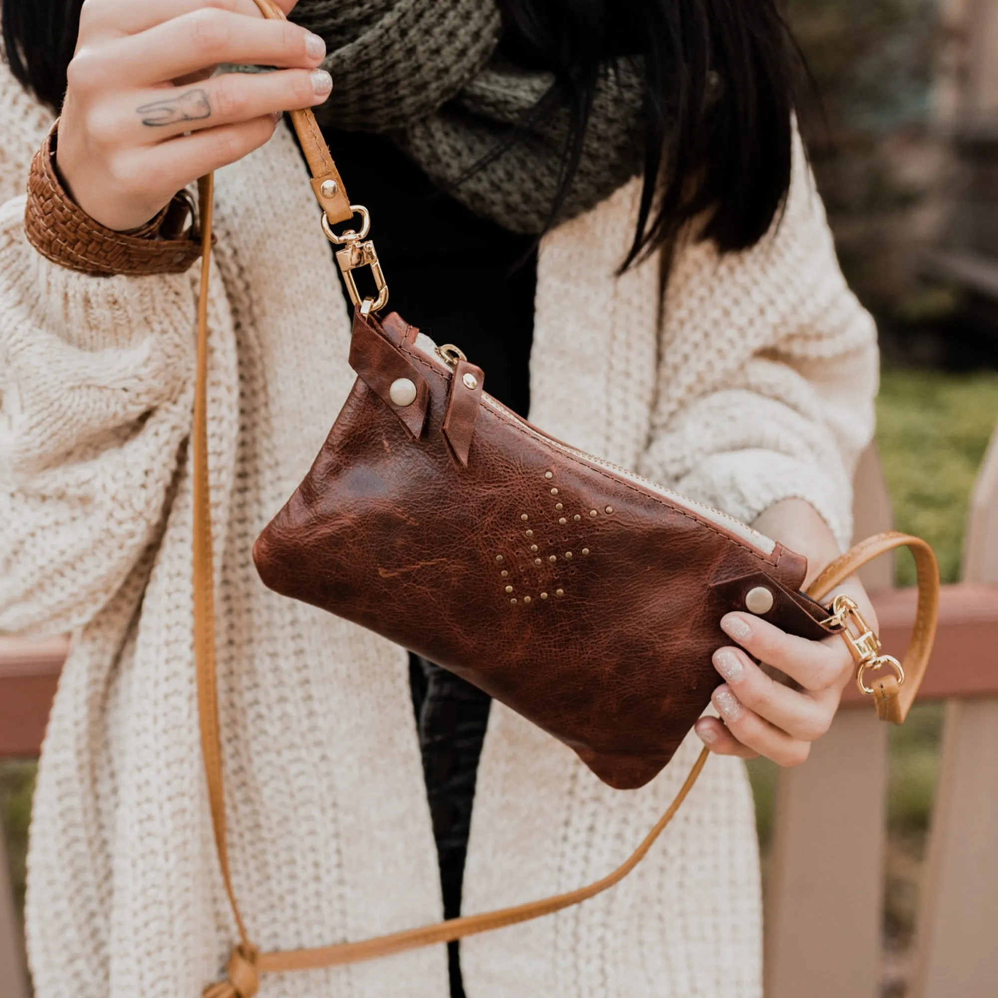 Small Leather Shoulder Bag Crossbody Purse For Women - Hand Painted in Colors of Blush Pink and Saddle Brown - One Of A Kind