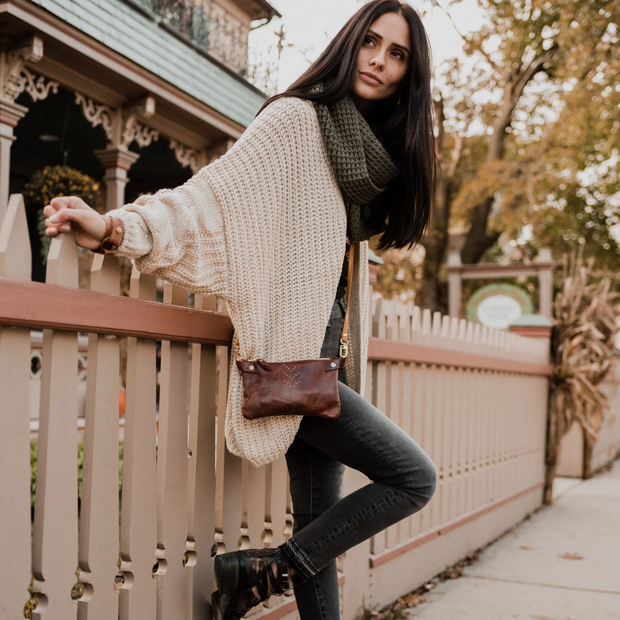 Small Leather Shoulder Bag Crossbody Purse For Women - Hand Painted in Colors of Blush Pink and Saddle Brown - One Of A Kind