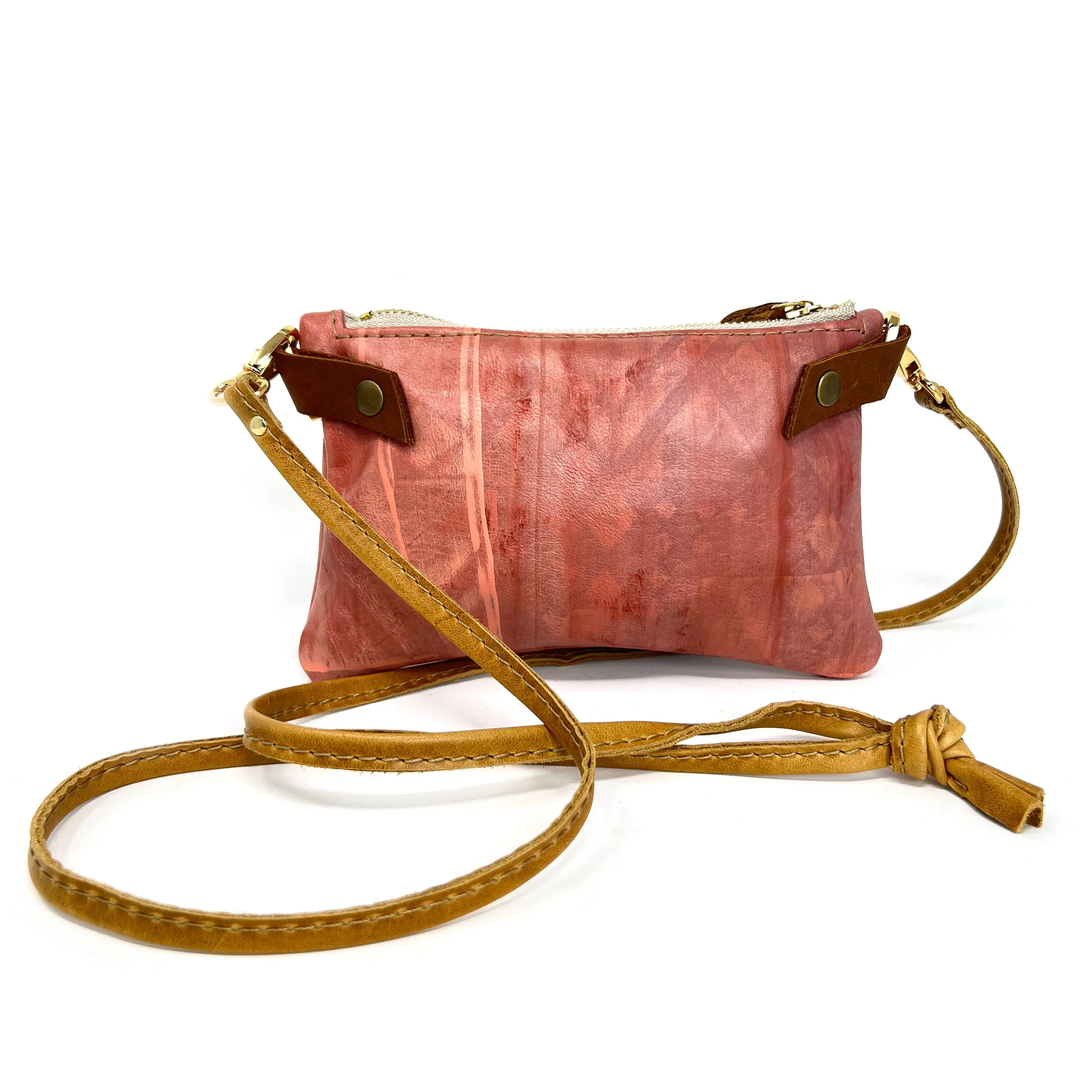 Small Leather Shoulder Bag Crossbody Purse For Women - Hand Painted in Colors of Blush Pink and Saddle Brown - One Of A Kind