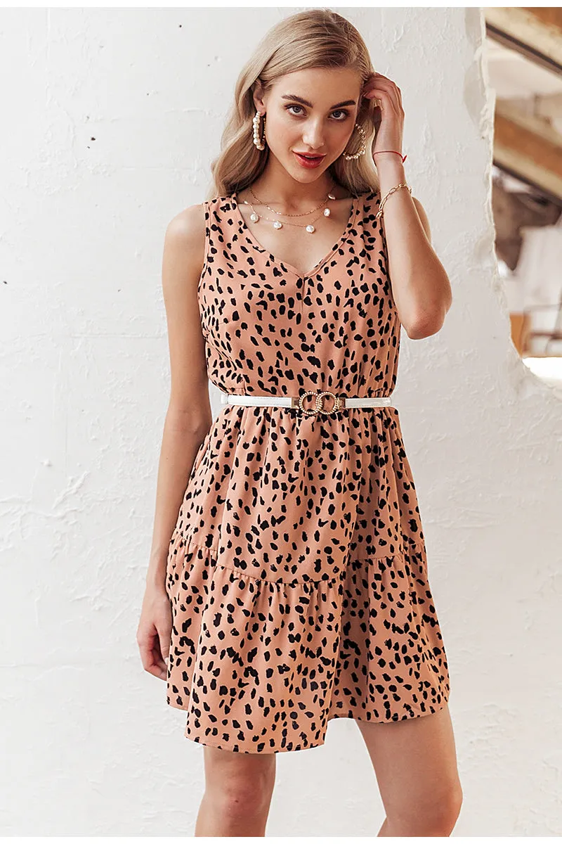 V-Neck Sleeveless Casual Dot Print Loose Leopard Dress