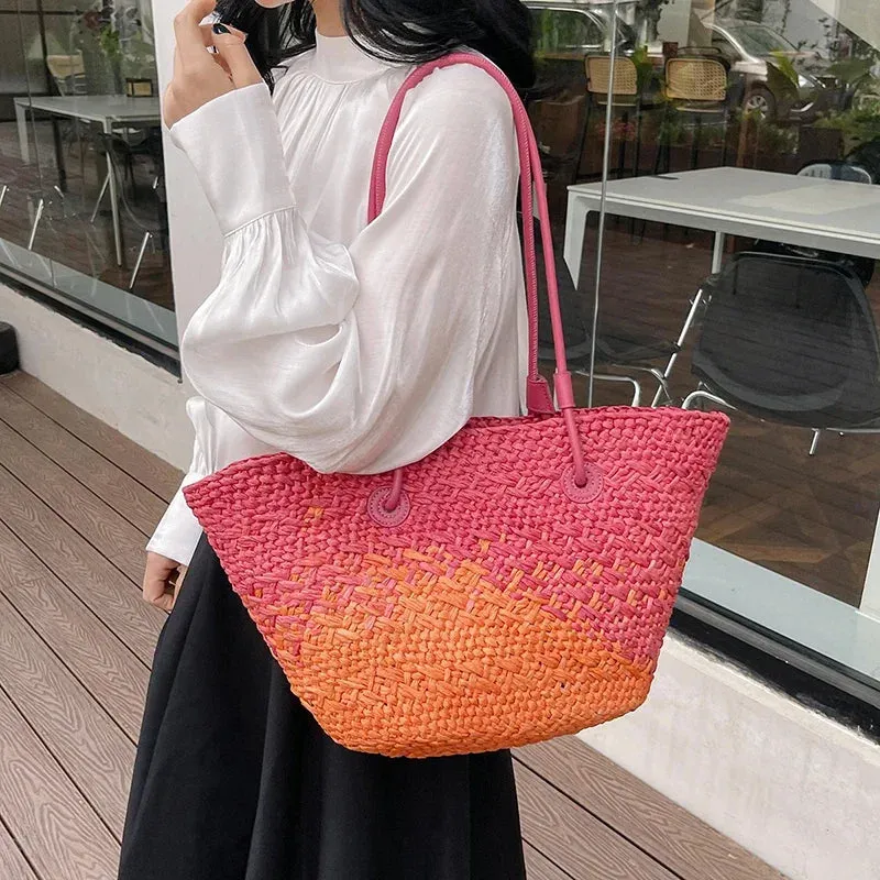 VAIGE Large Woven Straw Shoulder Bag for Summer Travel - Versatile Casual Tote with Cell Phone Pocket