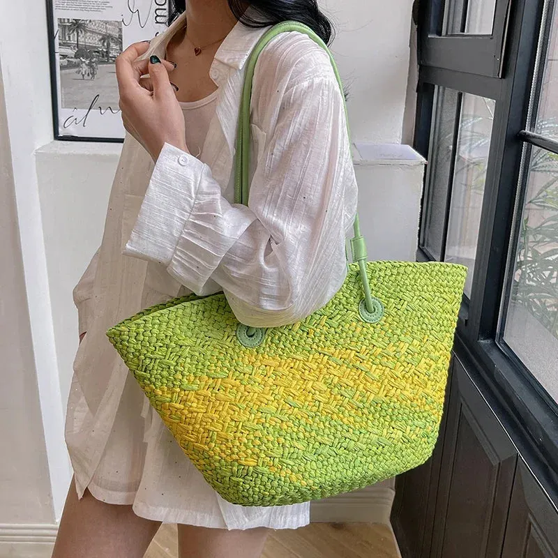 VAIGE Large Woven Straw Shoulder Bag for Summer Travel - Versatile Casual Tote with Cell Phone Pocket